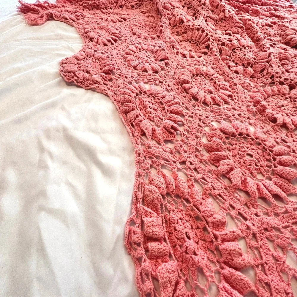 Vintage Handmade Pink Crochet Sunflower Popcorn Stitch Bedspread Coverlet Boho